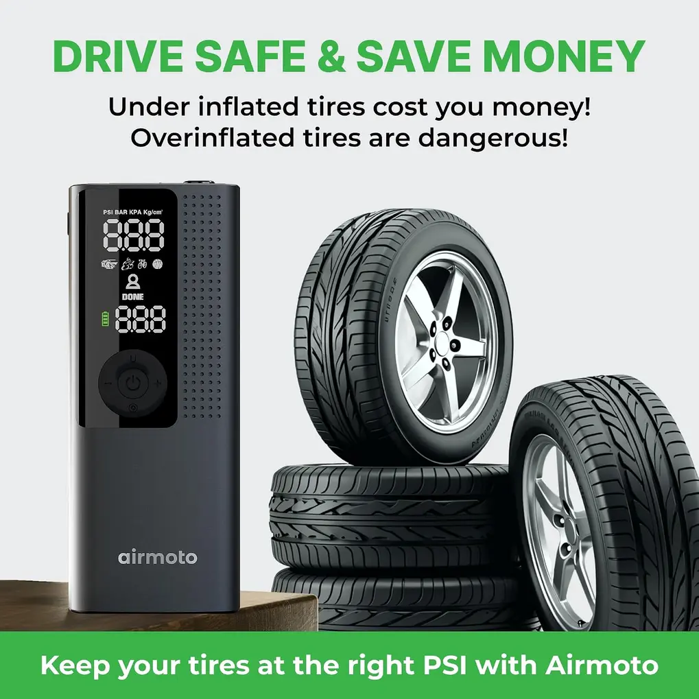 Airmoto Portable Tire Inflator digital pressure gauge and LED flashlight