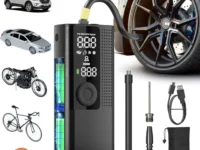 Airmoto Portable Tire Inflator with air hose connected to a car tire