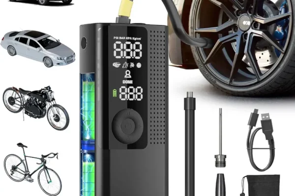 Airmoto Portable Tire Inflator with air hose connected to a car tire