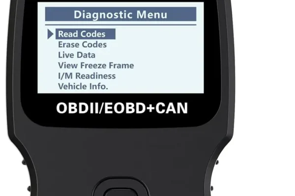 ANCEL AD310 OBD2 scanner connected to a car's OBDII port with a clear screen display