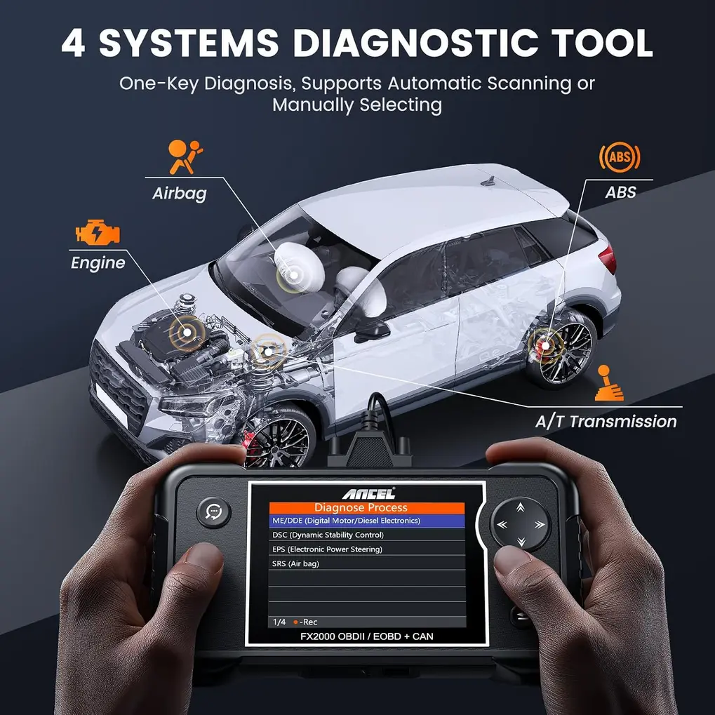 ANCEL FX2000 OBD2 scanner connected to a vehicle OBD2 port under the dashboard