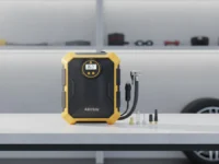 AstroAI Tire Inflator and accessories on a workbench in a modern garage.