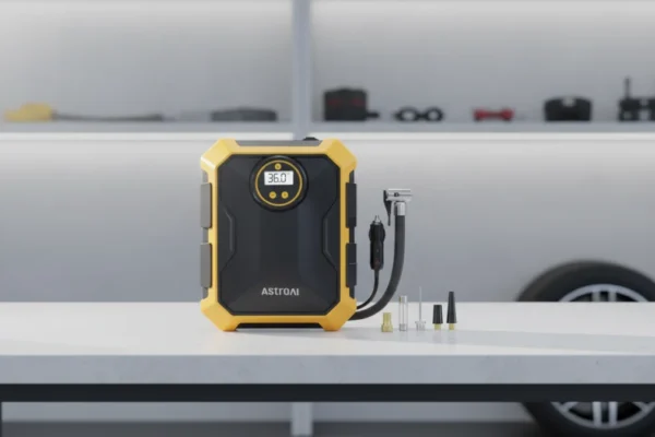 AstroAI Tire Inflator and accessories on a workbench in a modern garage.
