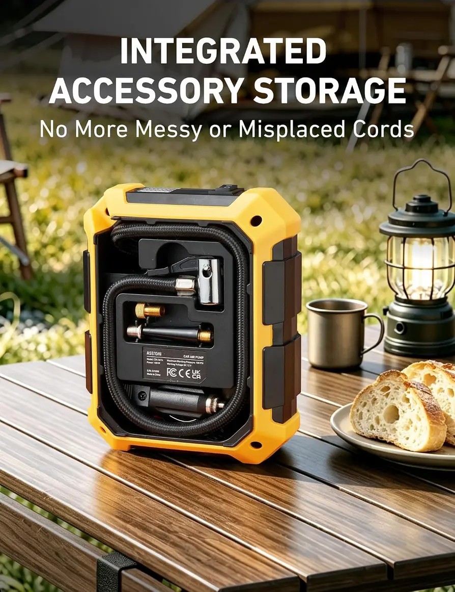AstroAI Tire Inflator with its storage compartment open, showing nozzles and power cord
