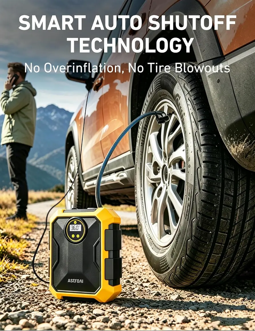 AstroAI Tire Inflator with LED light on, showing digital screen and inflating a car tire at night