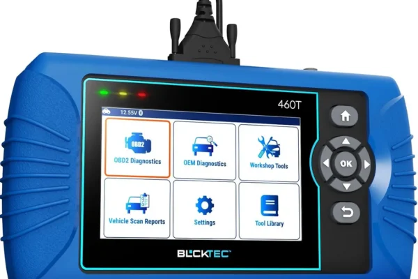 BLCKTEC 460T OBD2 Scanner displayed on a garage workbench with car parts in the background