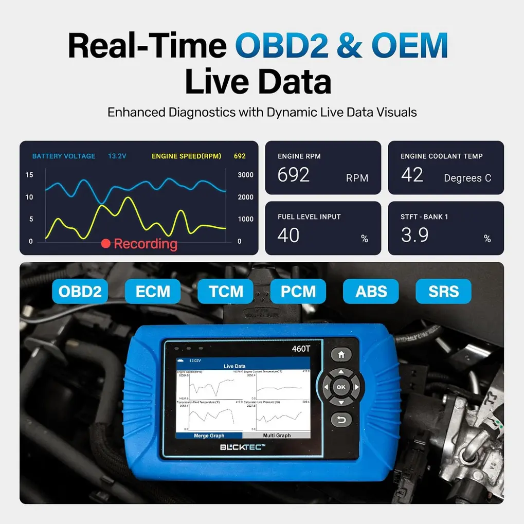 BLCKTEC 460T OBD2 Scanner screen showing live data and diagnostic codes
