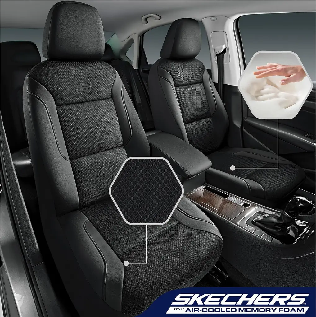Close-up of Skechers Memory Foam Seat Cover material, showing leather and air-cool mesh textures