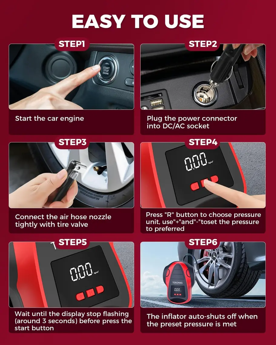 Close-up of TEROMAS Tire Inflator's bright digital LED display