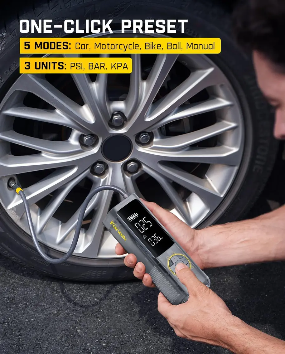 Fanttik X8 APEX Tire Inflator and its accessories laid out on a car trunk mat.