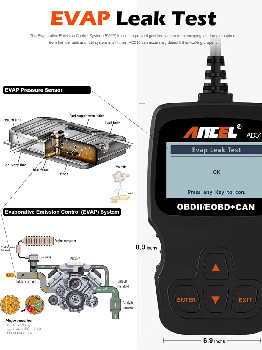 Hand holding ANCEL AD310 OBD2 scanner in a car engine bay