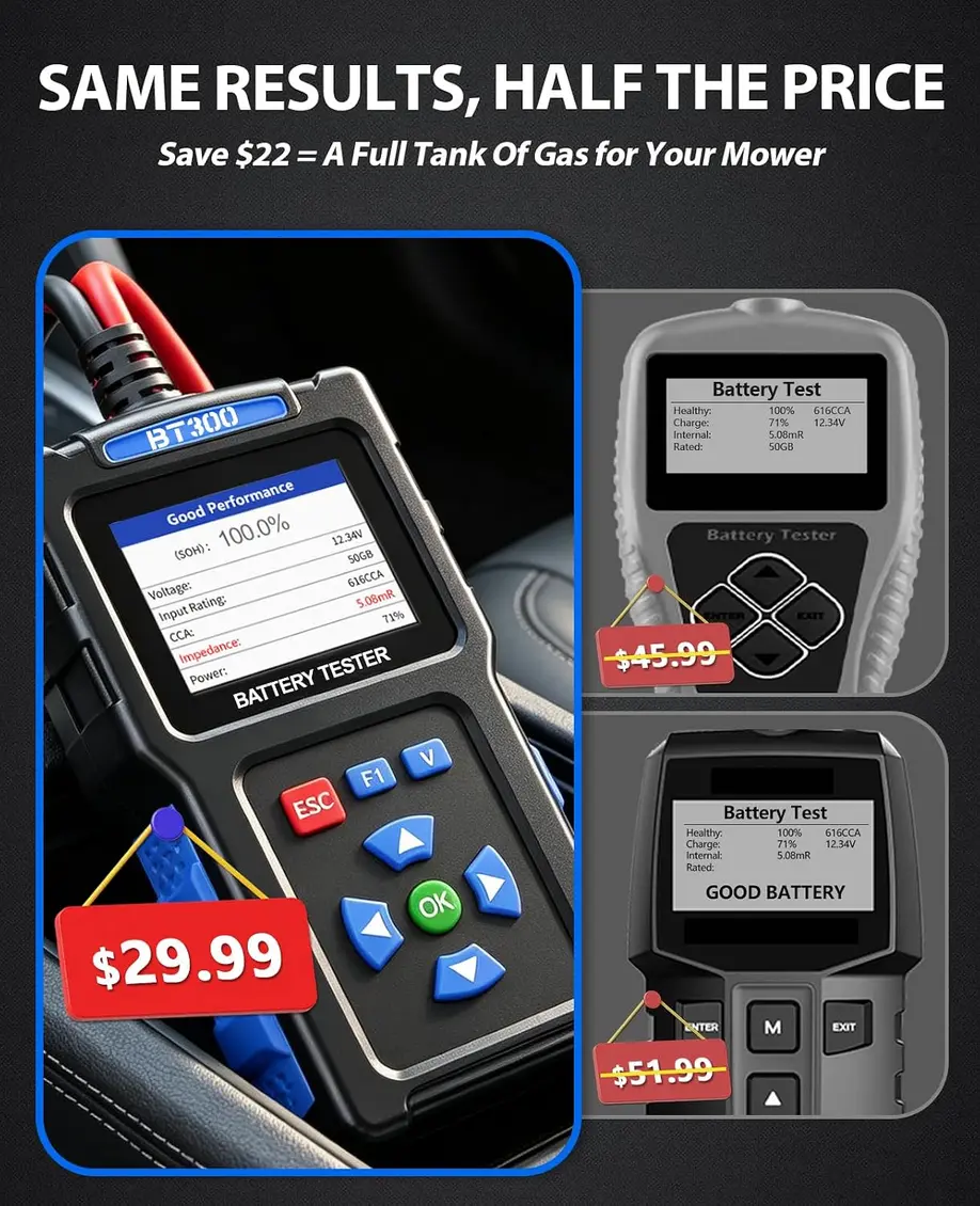 Hand holding the TopDiag BT300 battery tester, showing its compact design and clear LCD display