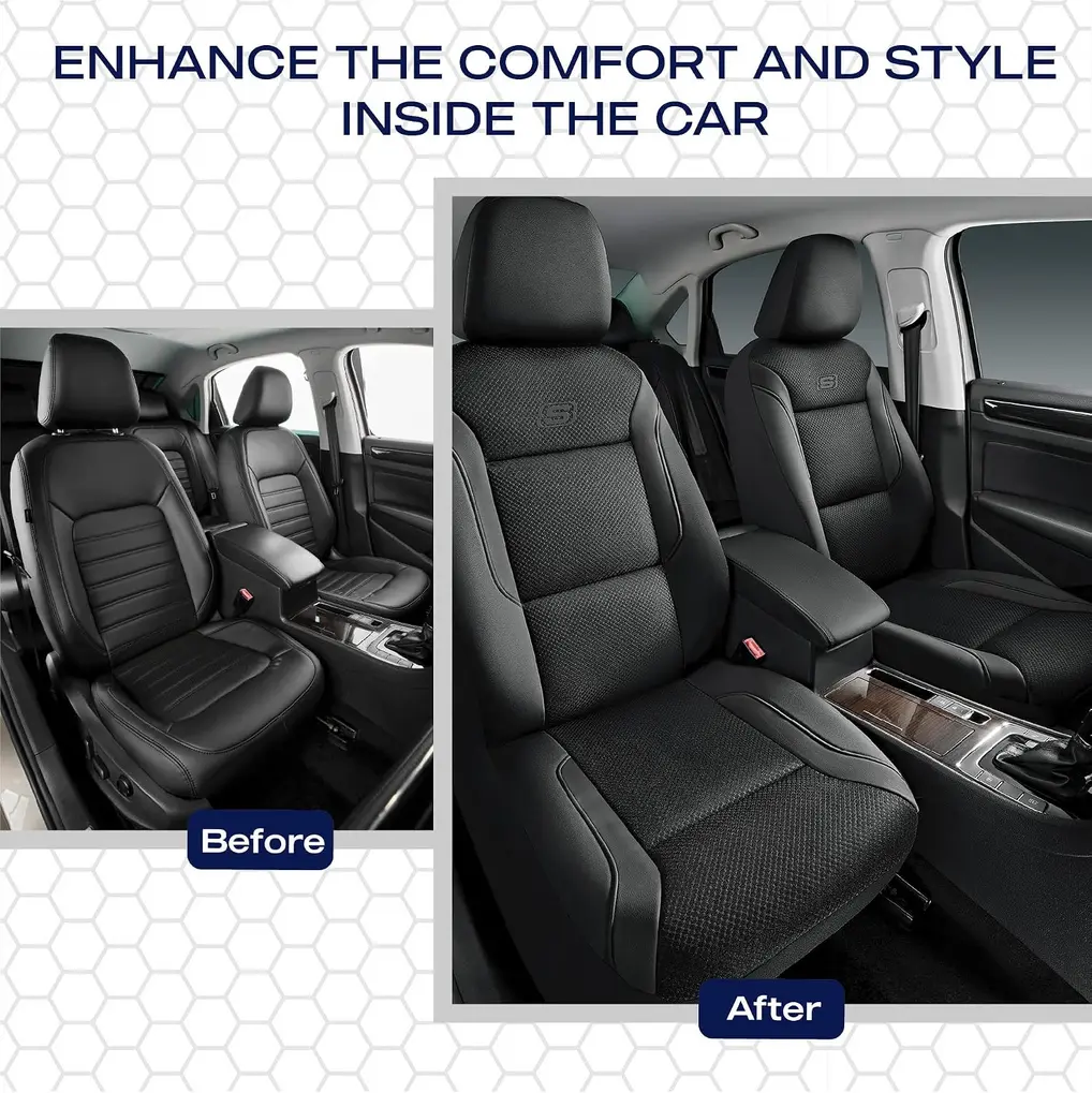 Skechers Memory Foam Seat Covers folded on a car floor mat, ready for installation