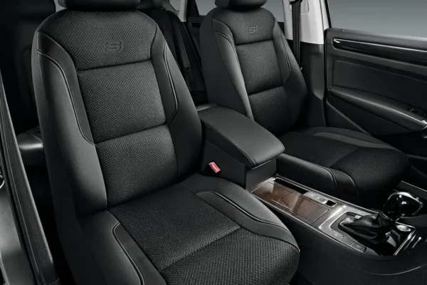 Skechers Memory Foam Seat Covers installed on front car seats, showcasing memory foam and mesh fabric
