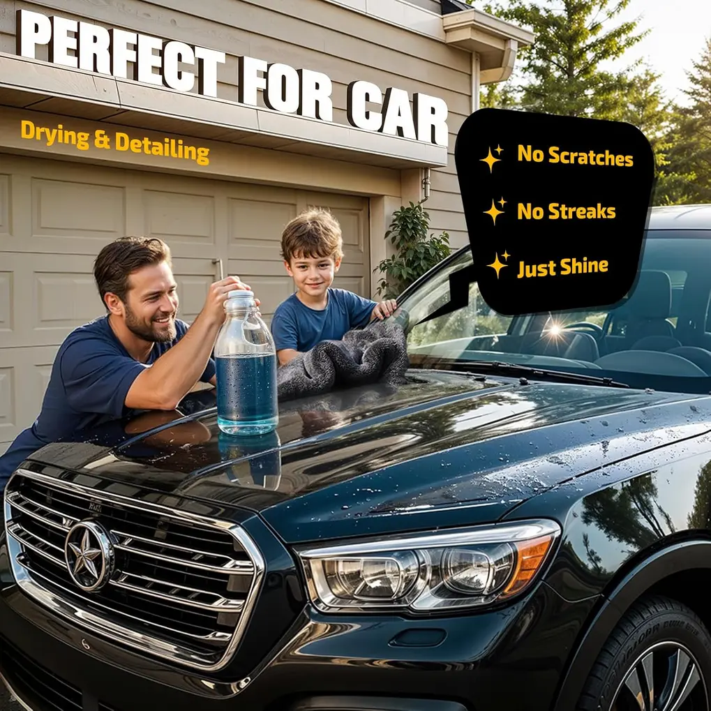 SMINDER 1200 GSM microfiber car drying towel wiping water off a dark car surface