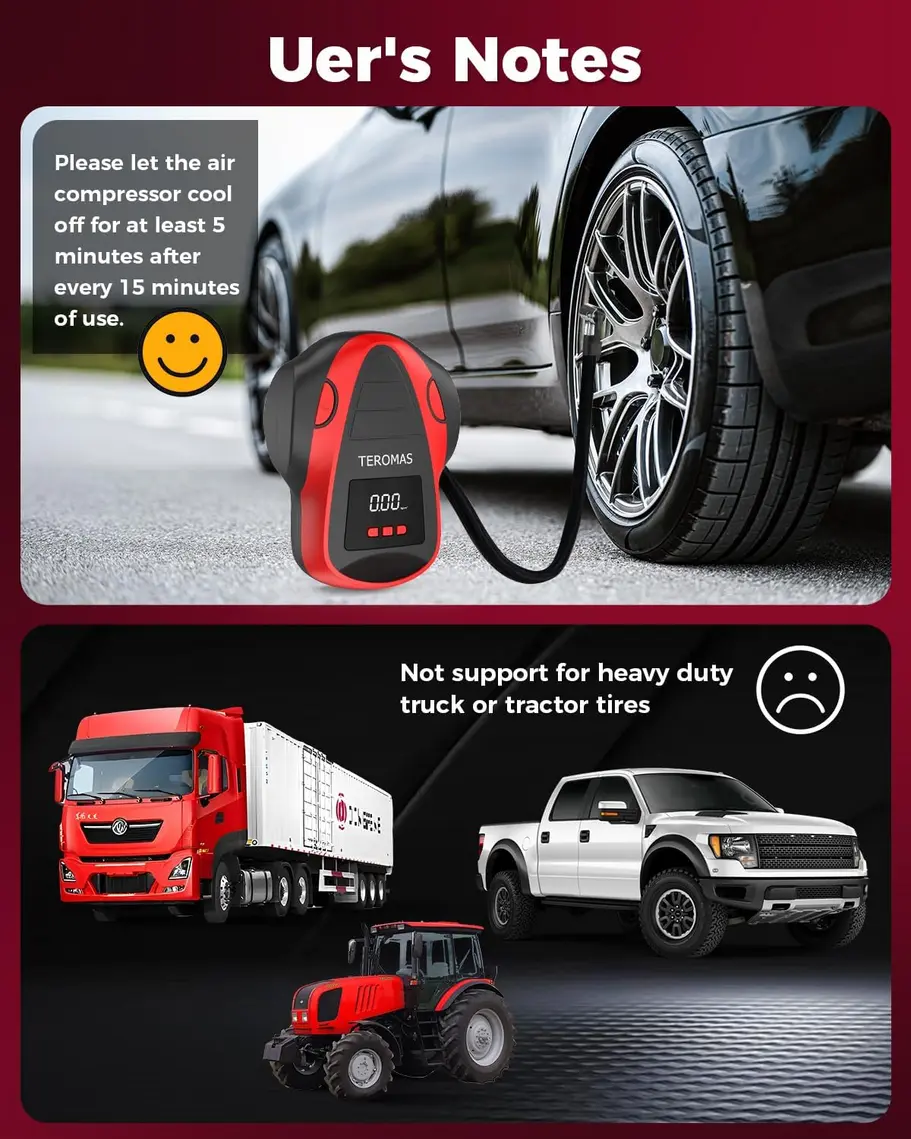 TEROMAS Tire Inflator connected to a car tire valve, displaying pressure