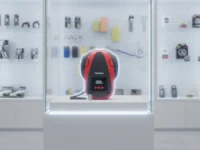 A Teromas Tire Inflator sits on a brightly lit pedestal in a modern, symmetrical display case.