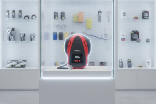 A Teromas Tire Inflator sits on a brightly lit pedestal in a modern, symmetrical display case.
