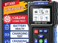 TopDiag BT300 battery tester connected to a car battery terminals, displaying results on its LCD screen