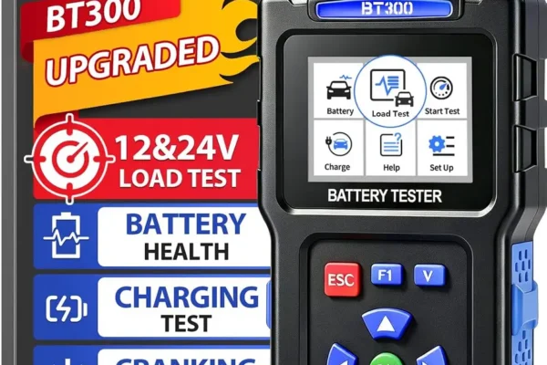TopDiag BT300 battery tester connected to a car battery terminals, displaying results on its LCD screen