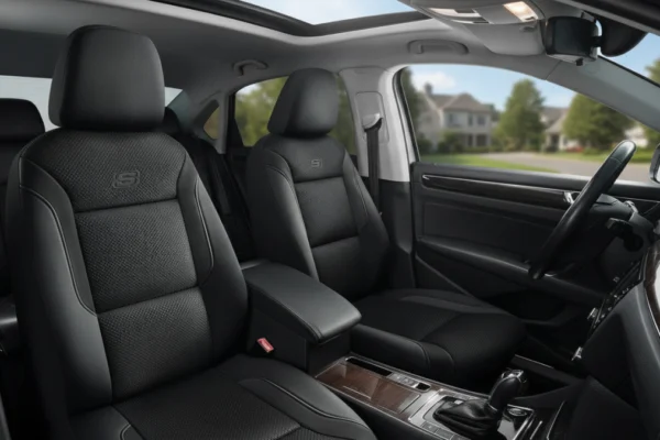 Car interior featuring black Skechers Memory Foam Seat Covers with visible 'S' logo.