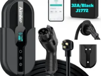 AIMILER Level 2 EV charger mounted on a garage wall with 25ft cable, NEMA 14-50 plug, and J1772 connector