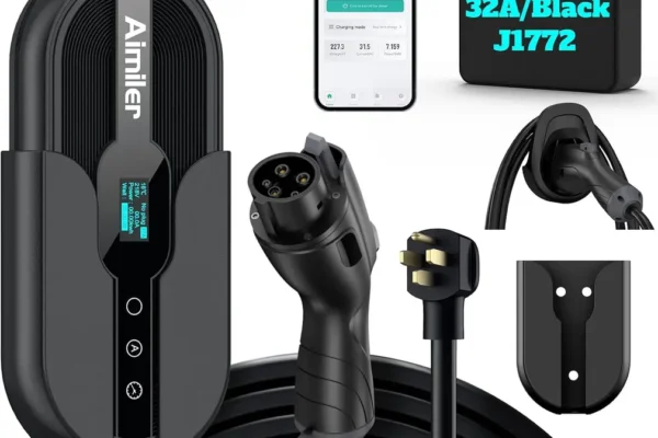 AIMILER Level 2 EV charger mounted on a garage wall with 25ft cable, NEMA 14-50 plug, and J1772 connector