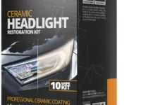 CERAKOTE Ceramic Headlight Restoration Kit box with wipes and sanding pads laid out on a workbench
