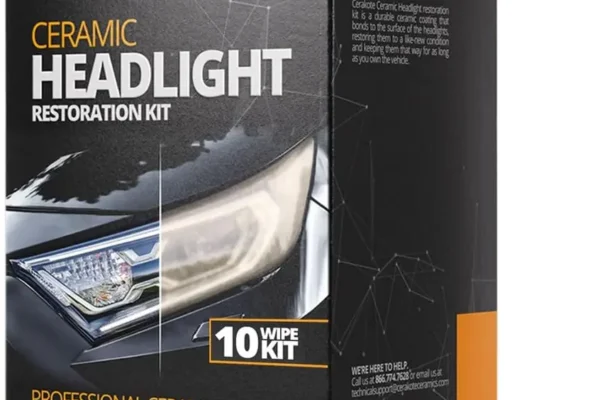 CERAKOTE Ceramic Headlight Restoration Kit box with wipes and sanding pads laid out on a workbench