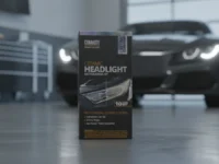 CERAKOTE Headlight Restoration Kit box in a sleek garage setting.