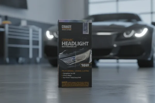 CERAKOTE Headlight Restoration Kit box in a sleek garage setting.