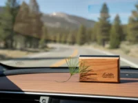 A wooden Drift Car Air Freshener on a car dashboard, with a winding road outside.