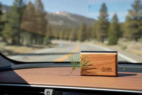 A wooden Drift Car Air Freshener on a car dashboard, with a winding road outside.