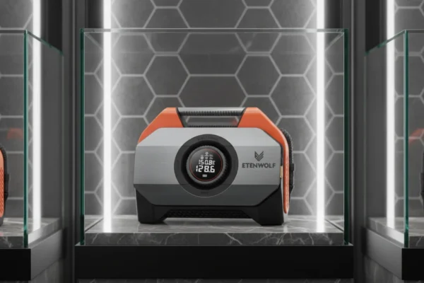 ETENWOLF Vortex S6 tire inflator in a glass display, highlighting its design.