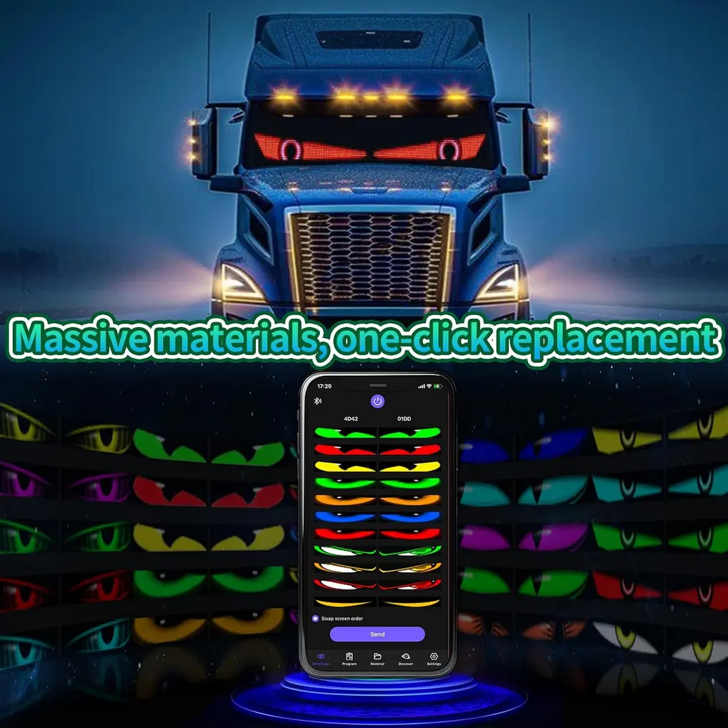 GOTUS LED Eyes LED panels mounted on an RV side window with cable routed along the window trim