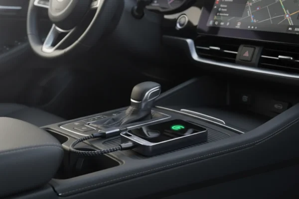 Jemluse Wireless CarPlay Adapter in a car's console.