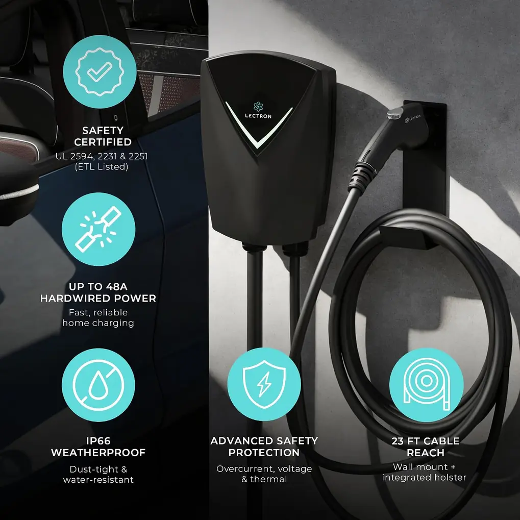 Lectron Nexus EV Charging Station kit with charging unit, J1772 connector, coiled cable, holster, and mounting hardware