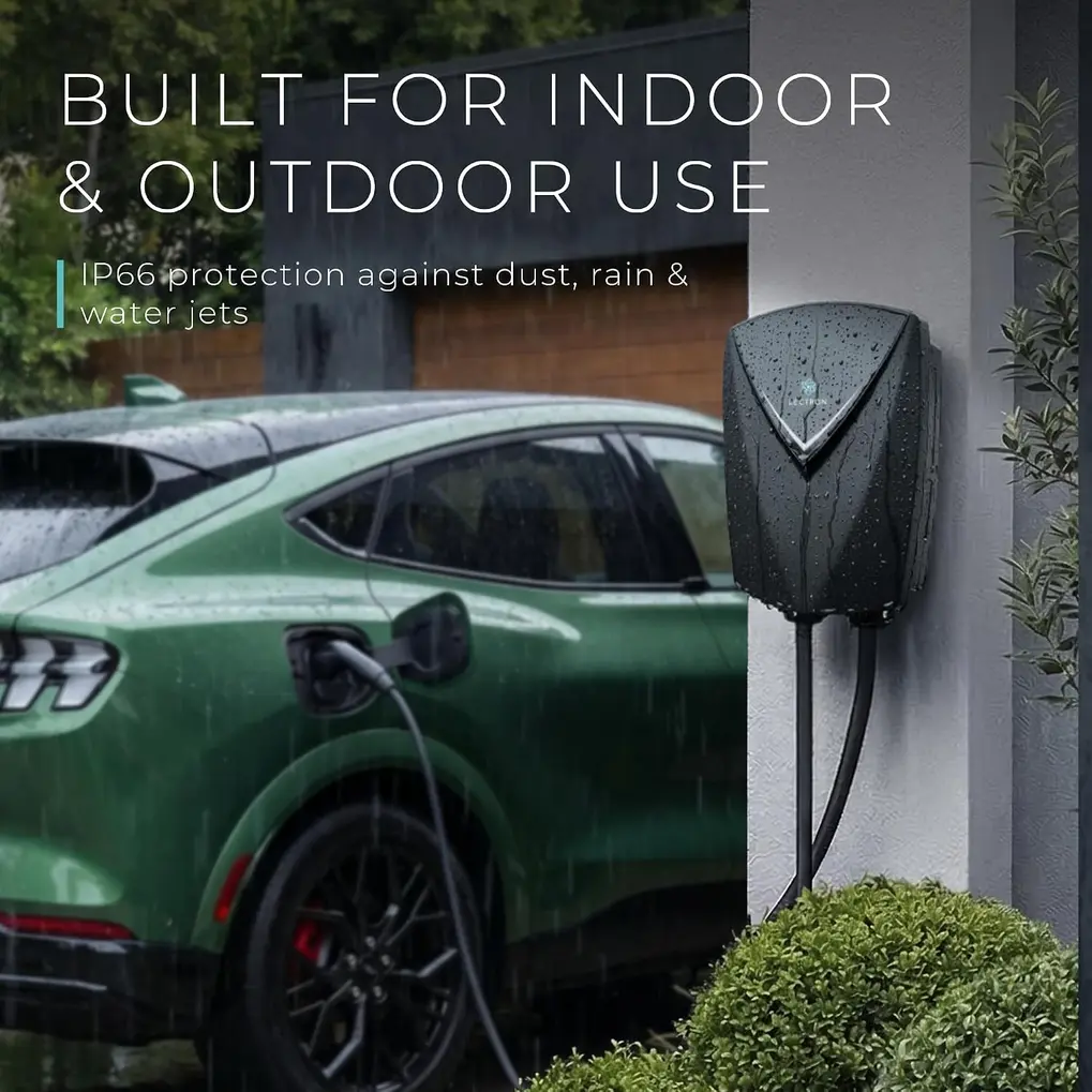 Lectron Nexus EV Charging Station mounted on an exterior wall with J1772 cable routed toward an electric vehicle
