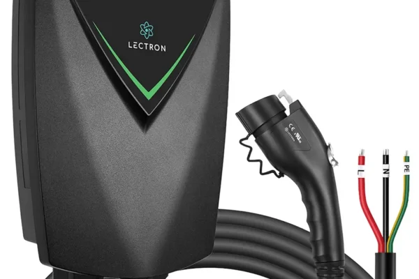 Lectron Nexus EV Charging Station wall-mounted with J1772 connector in holder and charging cable looped beside the unit