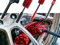 Oesee 4-pack wheel brush kit with long handle brushes and detailing brush on a garage floor