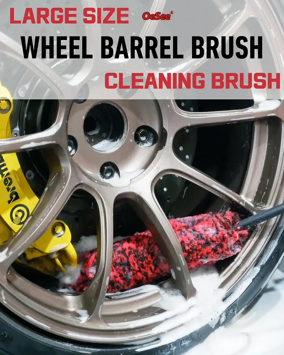 Oesee long handle wheel brush cleaning an alloy car wheel with soap foam