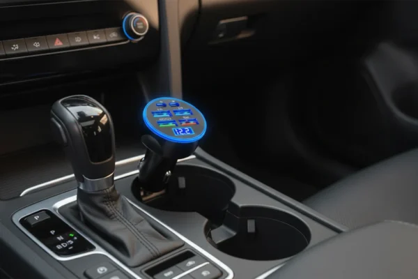 UYUXIO Car Charger Adapter in a car's cup holder, charging.