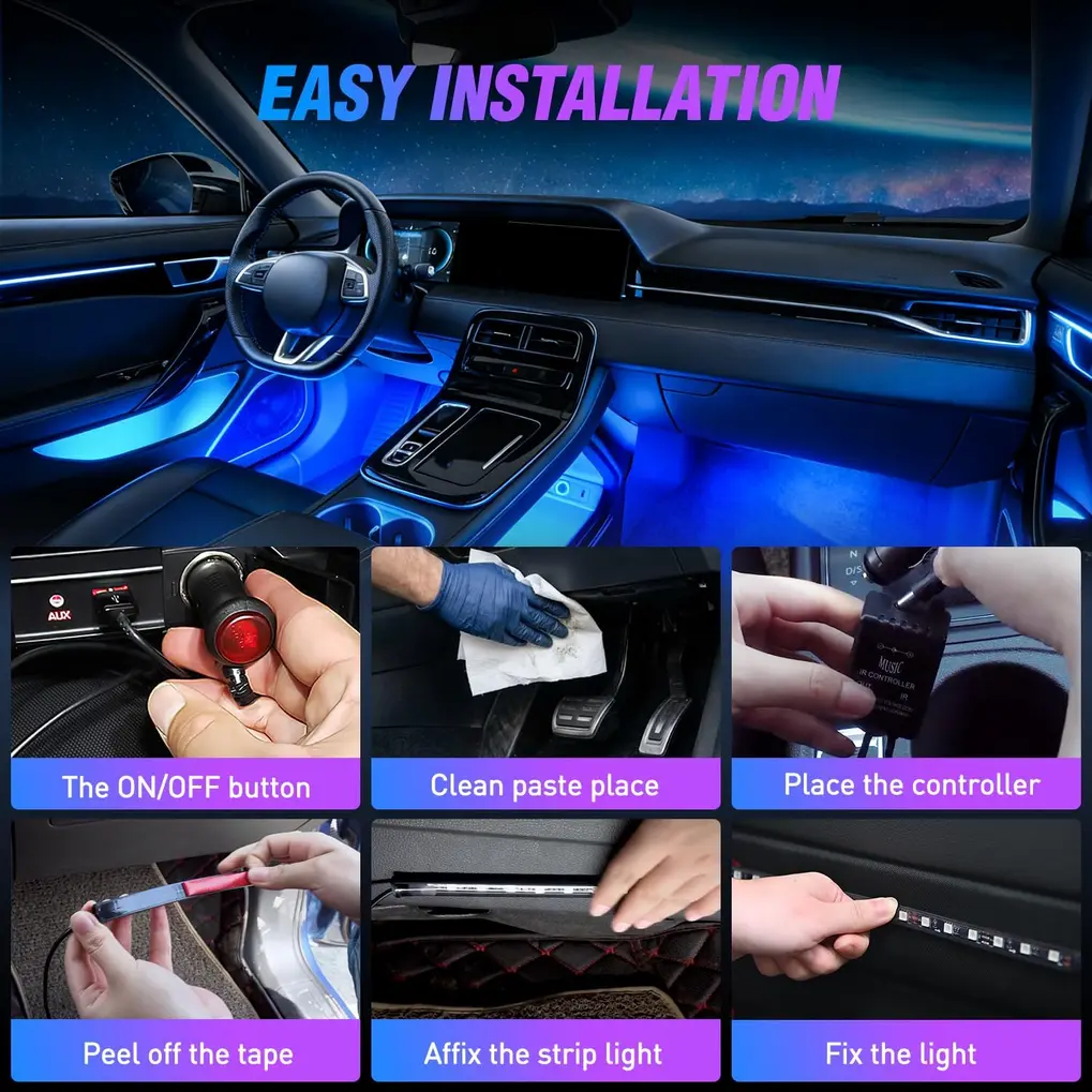RGB LED accent strip lighting illuminating car footwells and under the front seats