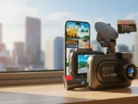 Rove R2-4K Dual dash cam and accessories on a windowsill, showcasing GOTUS LED Eyes.