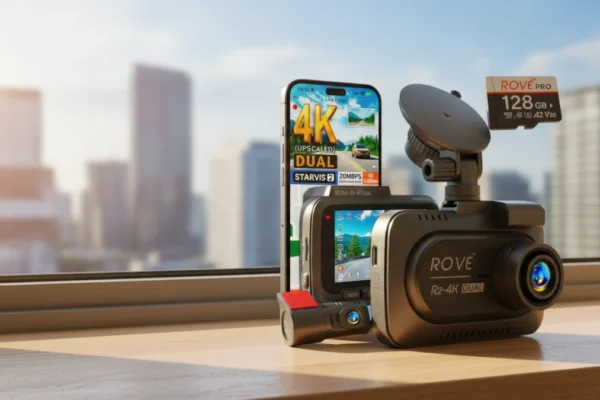Rove R2-4K Dual dash cam and accessories on a windowsill, showcasing GOTUS LED Eyes.