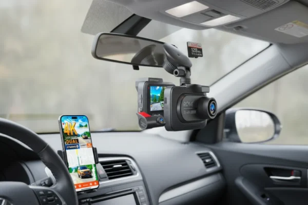 ROVE R2-4K Dual Dash Cam in a car with its app on a phone.