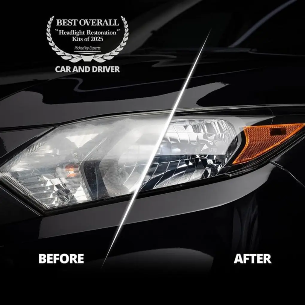 SUV headlight masked with painter's tape during sanding step of a headlight restoration