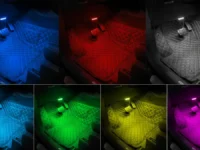 TEKSHINNY Car LED Lights installed in a car footwell, glowing brightly.