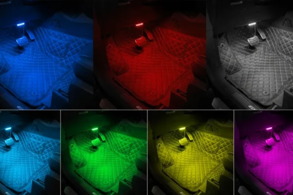 TEKSHINNY Car LED Lights installed in a car footwell, glowing brightly.