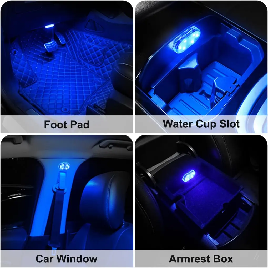 TEKSHINNY Car LED Lights, magnetic plates, and USB cable on a car dashboard
